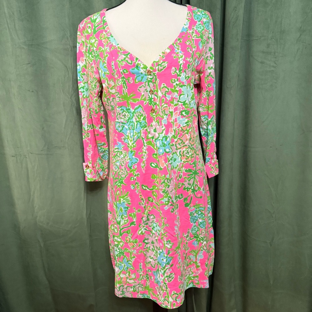 Lily Pulitzer Floral Pink and Green Women's Dress - Size L
